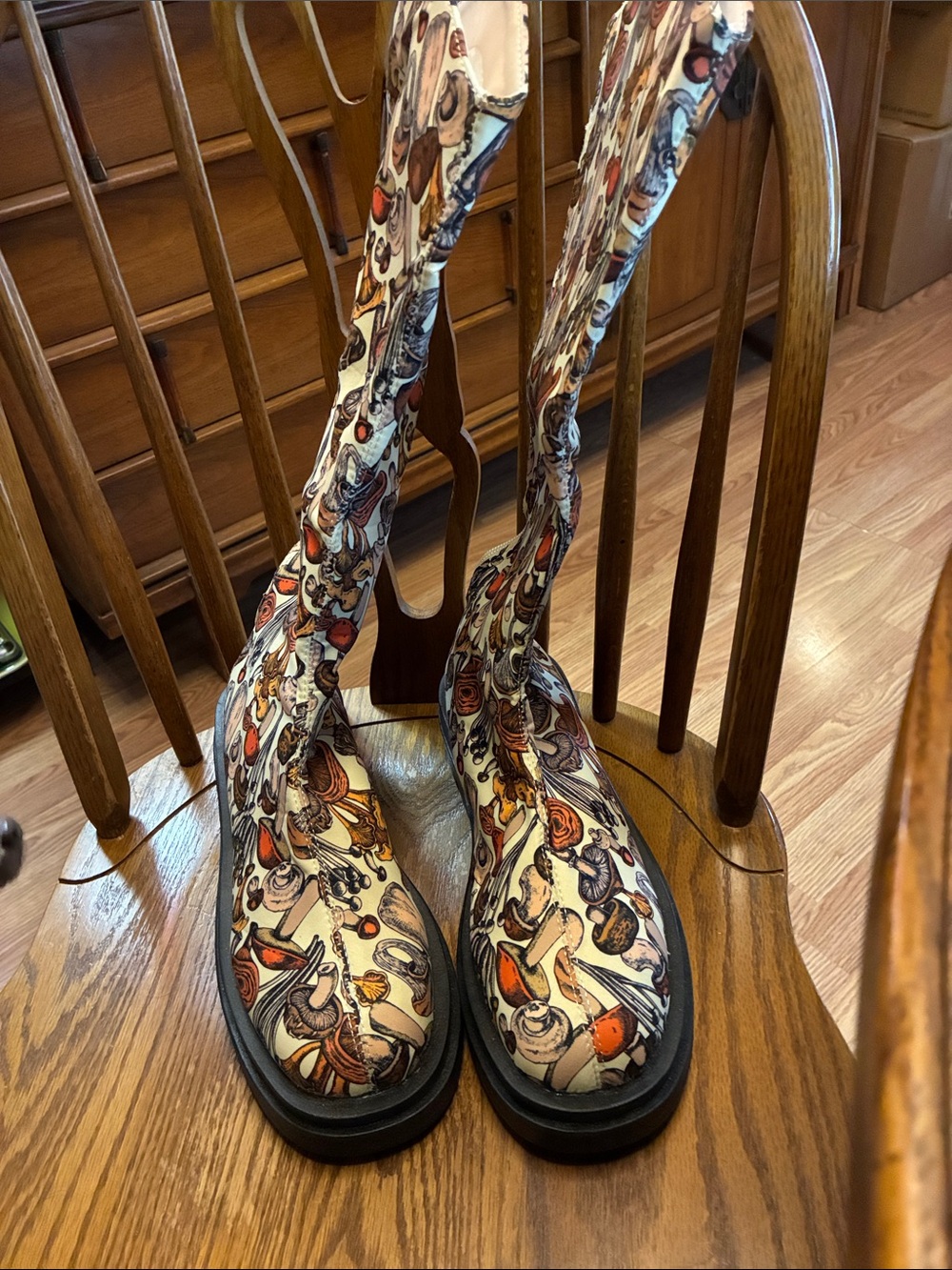 Women's Printed Knee-High Boots in Cream with Multicolor mushroom Pattern